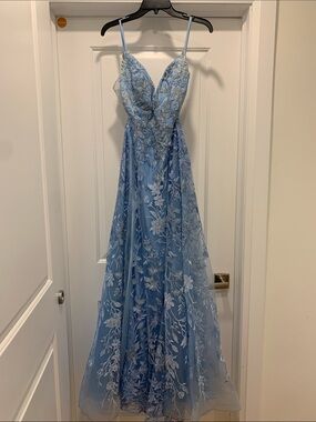 Mori Lee Light Blue Floral Lace Tulle Gown
